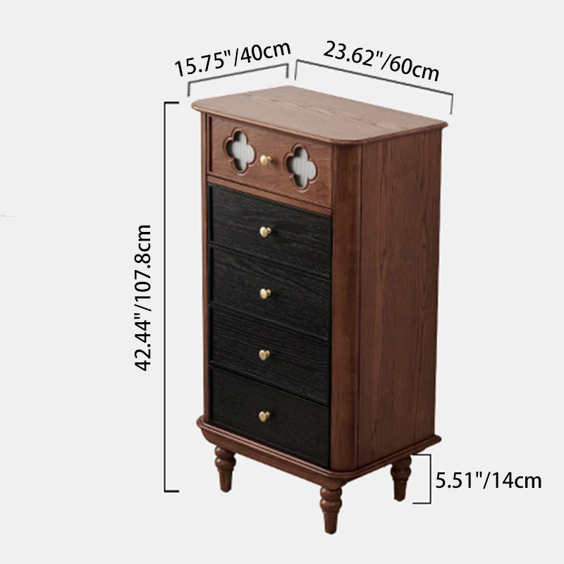 Traditional French Rectangular Pine Wood & Plywood Storage Cabinet 5-Drawer For Living Room