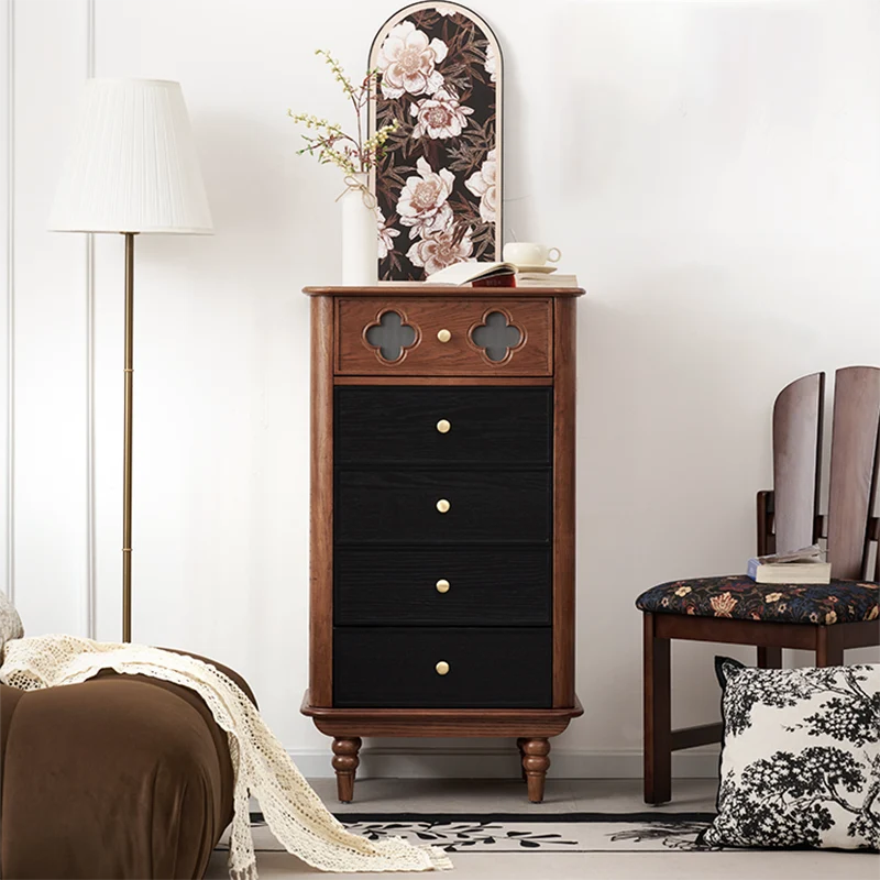 Traditional French Rectangular Pine Wood & Plywood Storage Cabinet 5-Drawer For Living Room