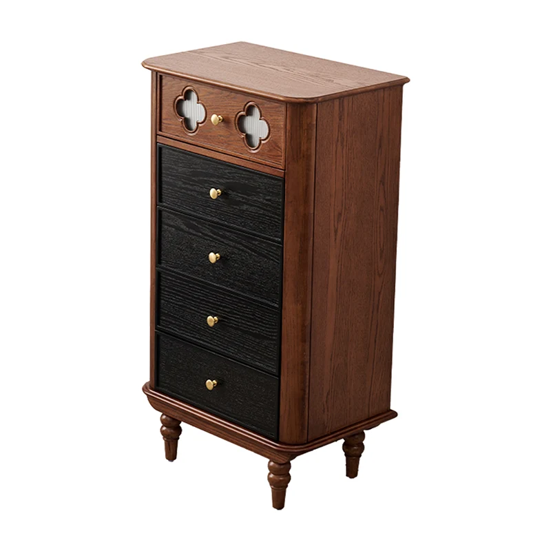 Traditional French Rectangular Pine Wood & Plywood Storage Cabinet 5-Drawer For Living Room