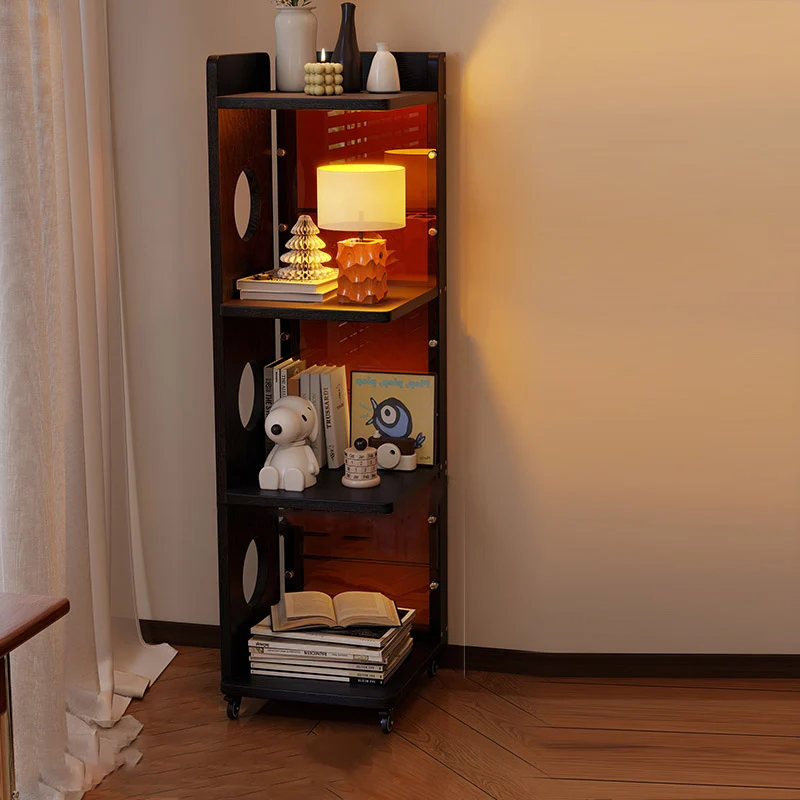 Modern Mid-Century Rectangular Rubberwood Movable Floor-Standing Corner Storage Shelf 4-Tier For Living Room & Bedroom