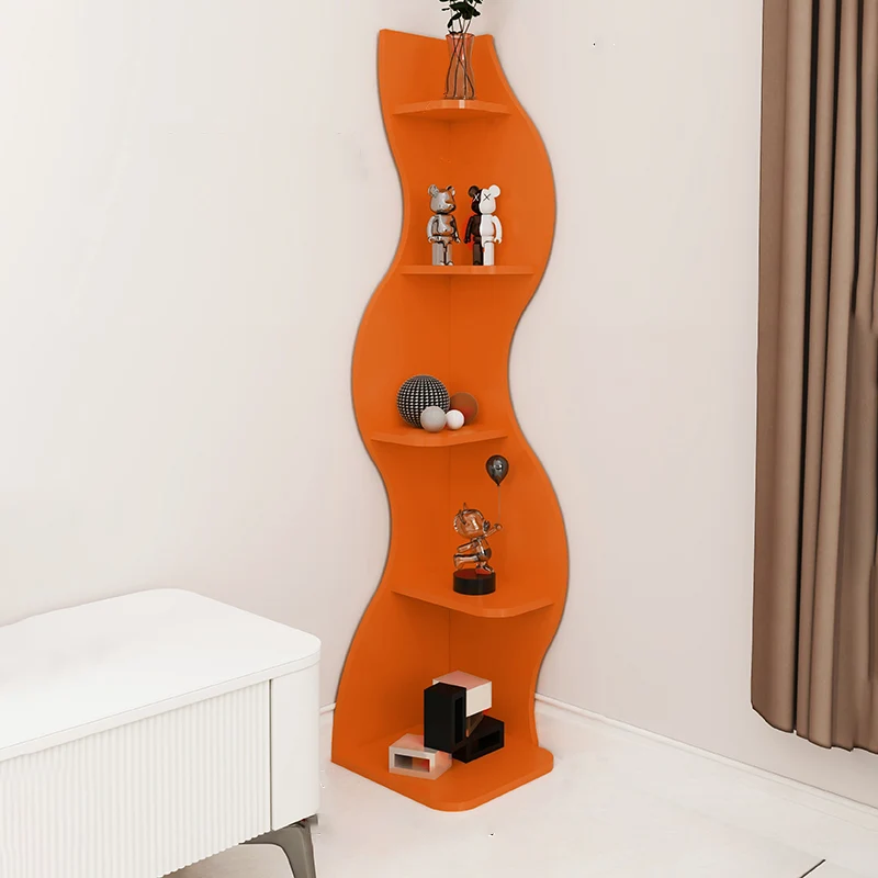 Contemporary Scandinavian Curved Wave-Shaped Particle Board Corner Shelf Unit 5-Tier For Living Room