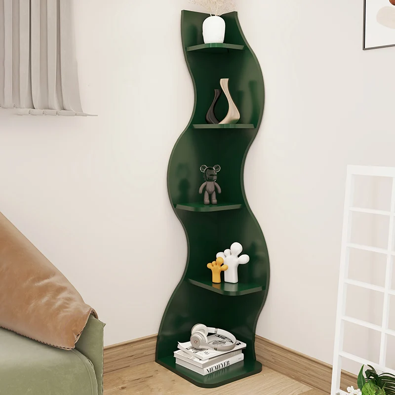 Contemporary Scandinavian Curved Wave-Shaped Particle Board Corner Shelf Unit 5-Tier For Living Room