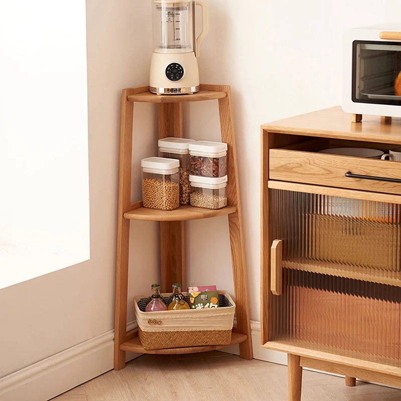 Contemporary Nordic Cylindrical Fan-Shaped Solid Oak Wood Corner Shelf Unit 3-Tier For Living Room