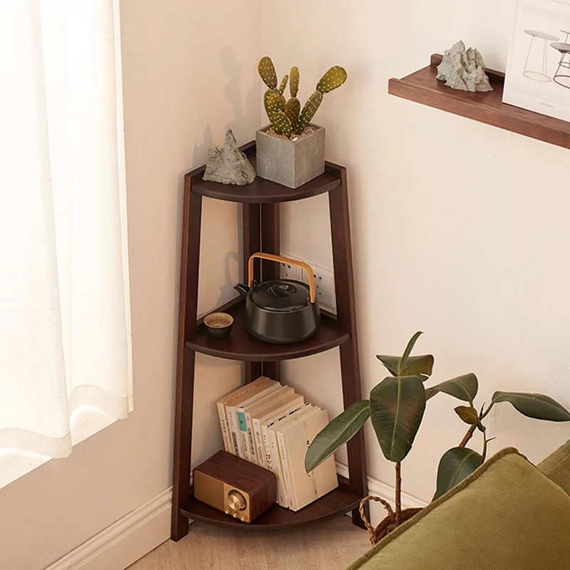 Contemporary Nordic Cylindrical Fan-Shaped Solid Oak Wood Corner Shelf Unit 3-Tier For Living Room