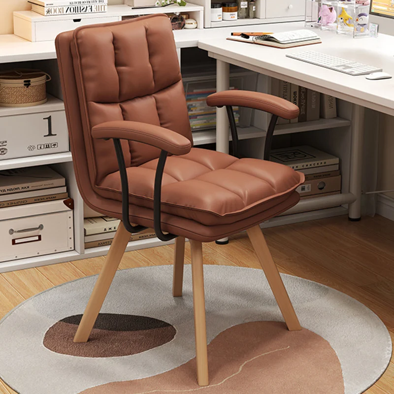 Modern Minimalist Solid Wood Iron Faux Leather Upholstered Swivel Desk Chair With Backrest Armrest For Home Office & Bedroom