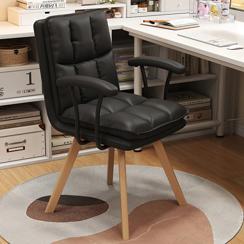 Modern Minimalist Solid Wood Iron Faux Leather Upholstered Swivel Desk Chair With Backrest Armrest For Home Office & Bedroom