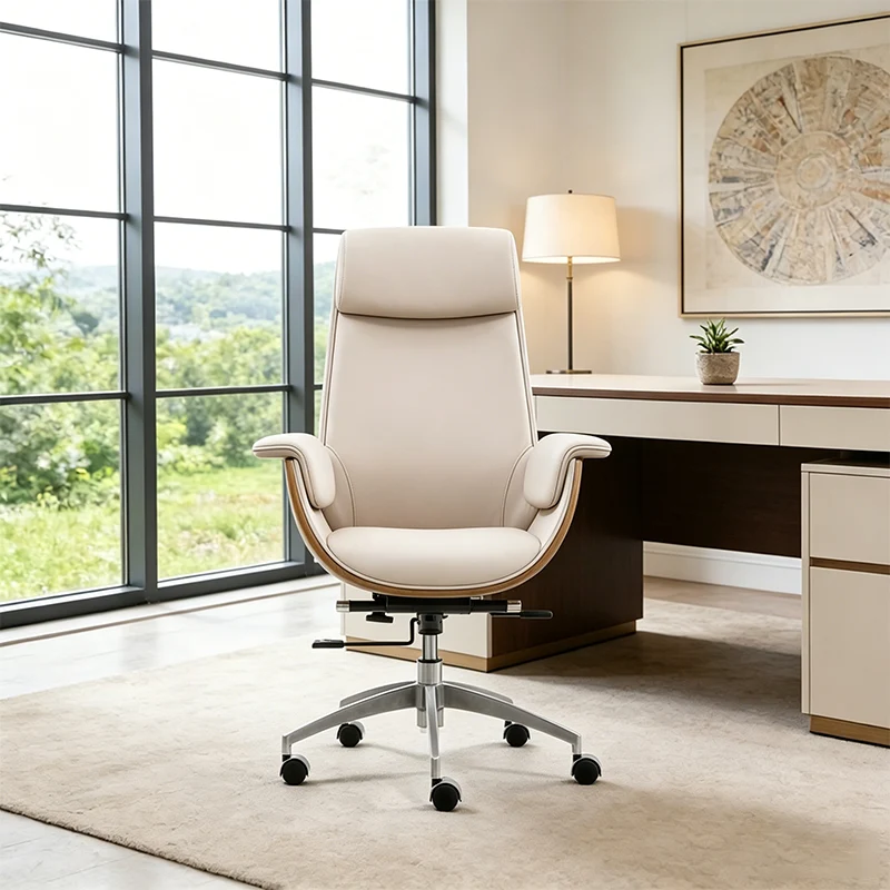 Modern Executive Premium Brazilian Cowhide Leather Contact Surface Office Chair - Rectangular Curved High Back PU Caster Manager Desk Chair Armrest For Home Office