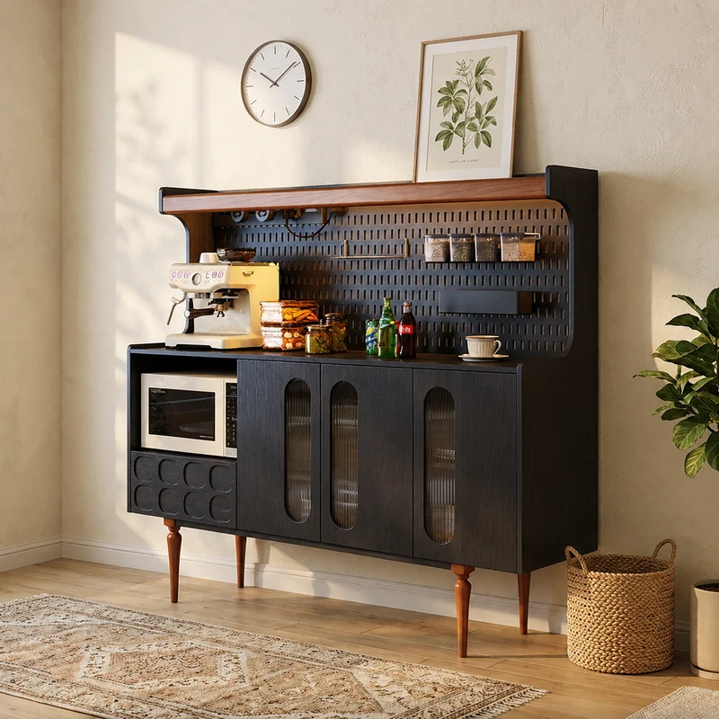 Traditional French Ash Wood & Plywood Sideboard Cabinet - 3 Door Storage Cabinet With Metal Pegboard, Drawer & Glass Doors