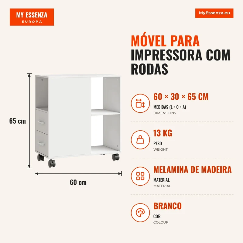 Móvel para Impressora com Rodas, 2 Gavetas, Prateleira Ajustável e 3 Compartimentos Abertos para Documentos A4, Branco
