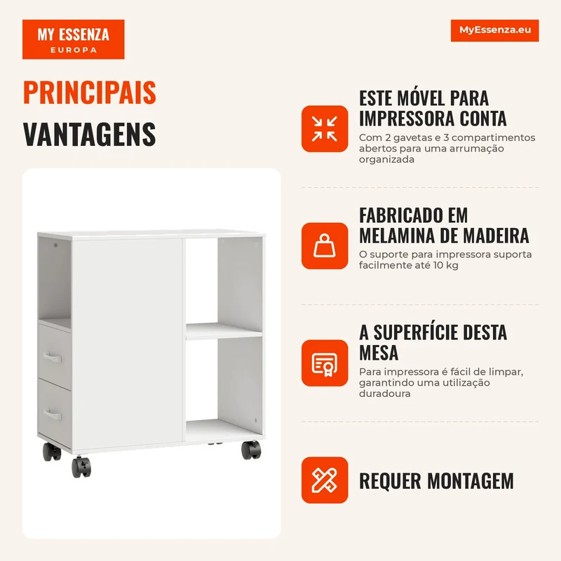 Móvel para Impressora com Rodas, 2 Gavetas, Prateleira Ajustável e 3 Compartimentos Abertos para Documentos A4, Branco