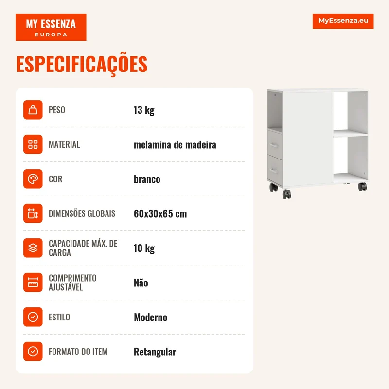 Móvel para Impressora com Rodas, 2 Gavetas, Prateleira Ajustável e 3 Compartimentos Abertos para Documentos A4, Branco