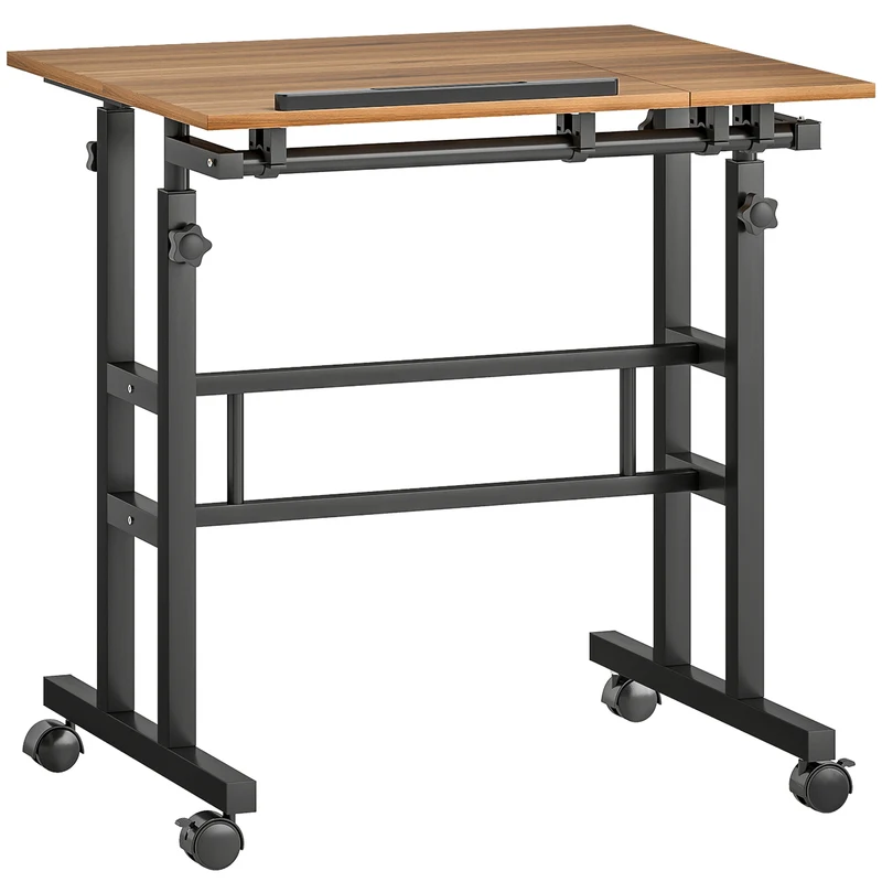 Secretária Regulável 70x60 cm com Tampo Inclinável e Rodízios Cor Madeira e Preto