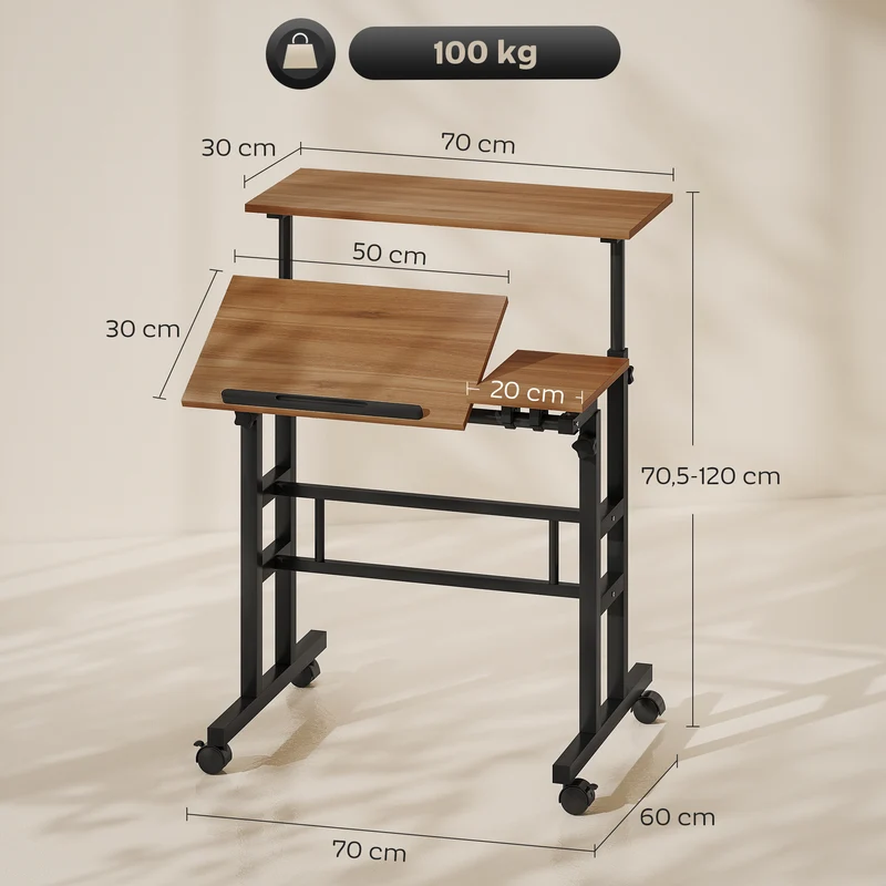 Secretária Regulável 70x60 cm com Tampo Inclinável e Rodízios Cor Madeira e Preto