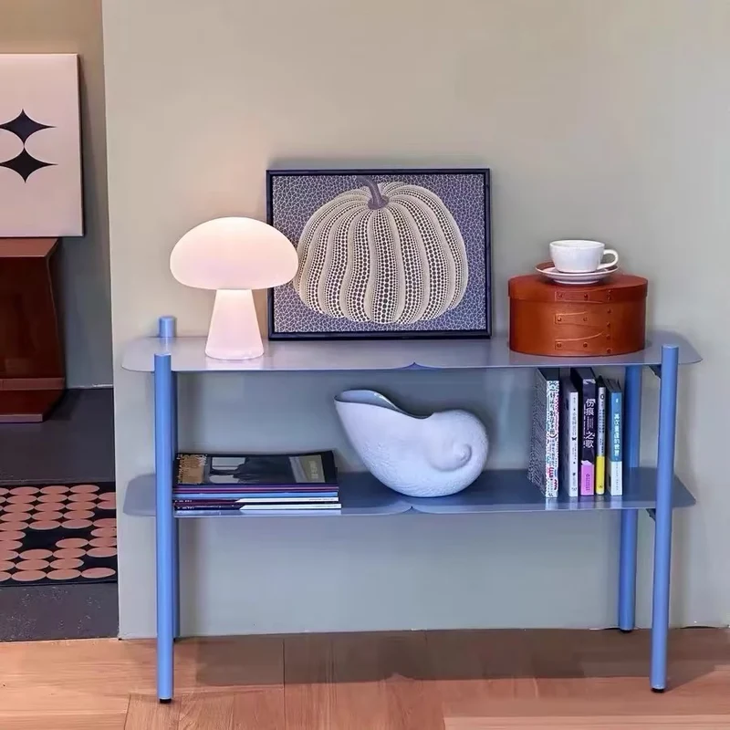 Modern Minimalist Iron Rectangular Blue Storage Shelf With 2-Tier Organizer For Living Room