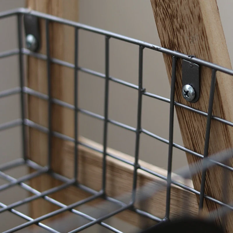 Modern Minimalist Iron Fir Wood Triangular Storage Shelf 3-Basket For Living Room