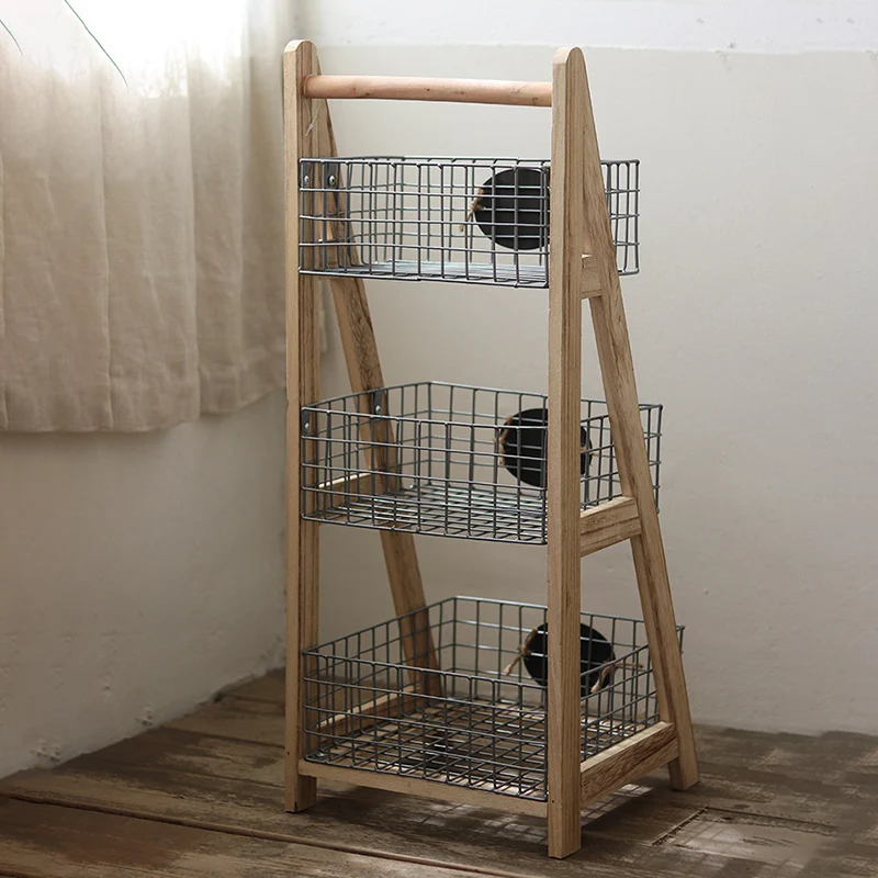 Modern Minimalist Iron Fir Wood Triangular Storage Shelf 3-Basket For Living Room