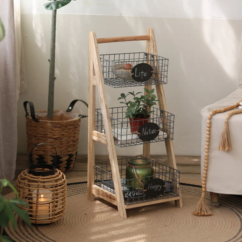 Modern Minimalist Iron Fir Wood Triangular Storage Shelf 3-Basket For Living Room
