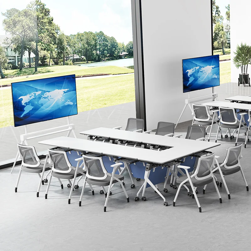 Modern Folding Ergonomic Mesh Desk Chair - Rectangular Stackable Training Chair With Cushioned Seat & Adjustable Armrests Chair For Home Office