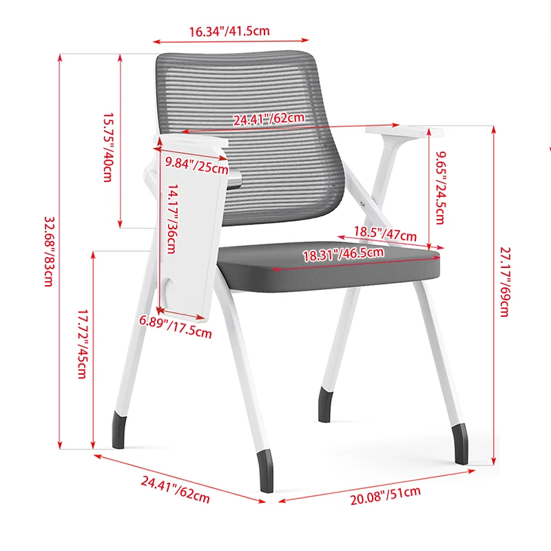 Modern Ergonomic Mesh Desk Chair - Rectangular Folding Training Chair With Flip-Up Writing Tablet For Home Office