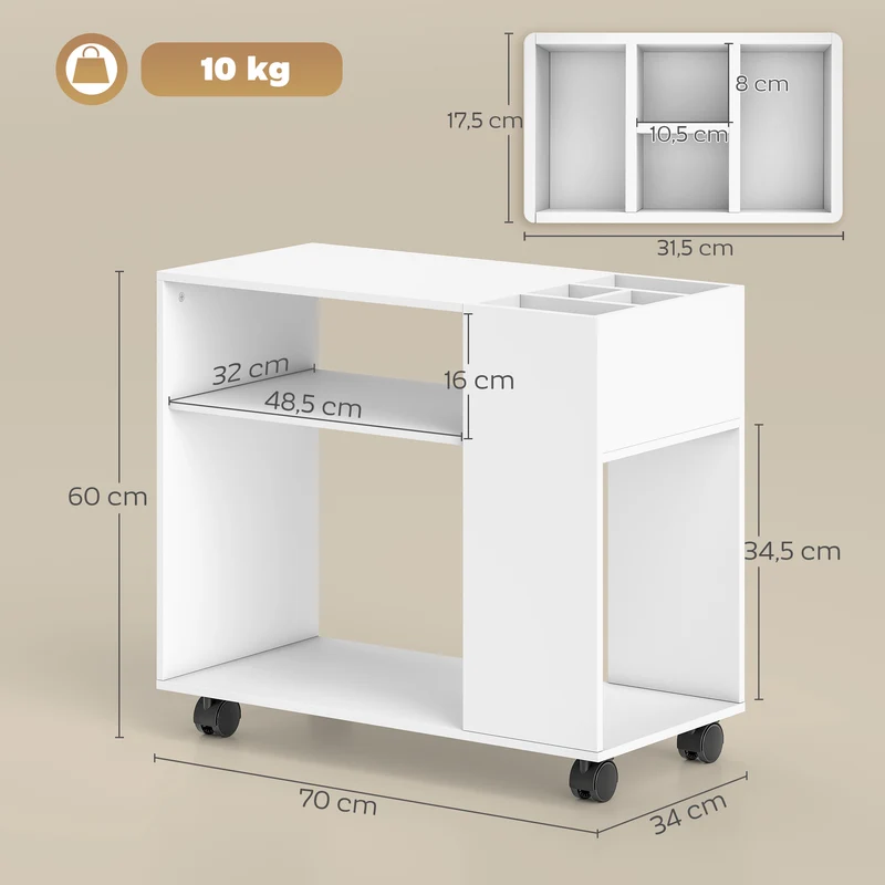 Suporte para Impressora Mesa para Impressora com Compartimento Dividido Prateleiras para Escritório 70x34x60 cm Branco