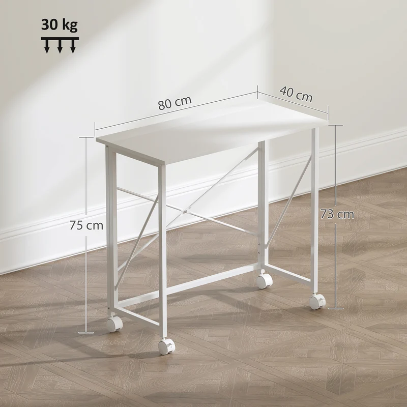 Secretária Dobrável Mesa de Computador 80x40 cm com Rodas para Escritório em Casa Quarto Pequenos Espaços Branco
