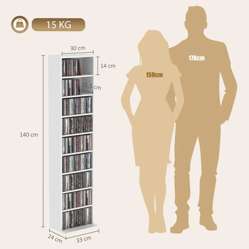 Estante de CD/DVD 9 Níveis Estante Vertical Estreita com 6 Prateleiras Ajustáveis para 260 CDs Branco