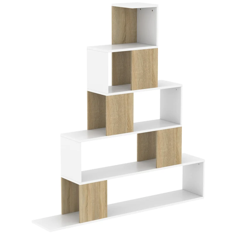 Estante de 5 Prateleiras com Design em Degraus Branco e Natural