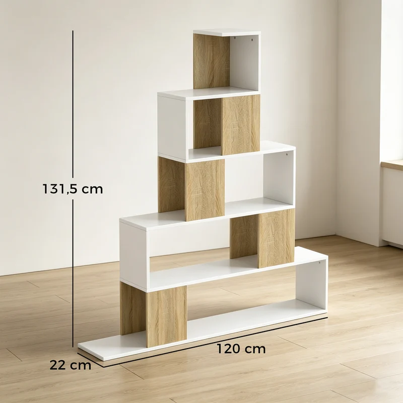 Estante de 5 Prateleiras com Design em Degraus Branco e Natural