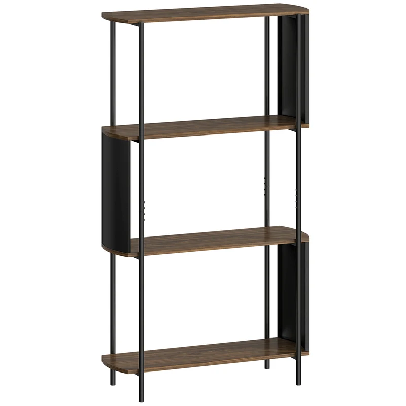 Estante de Arrumação Estante/Biblioteca de 4 Níveis com Painéis Laterais Curvados Estrutura em Aço 80x30x141 cm Castanho
