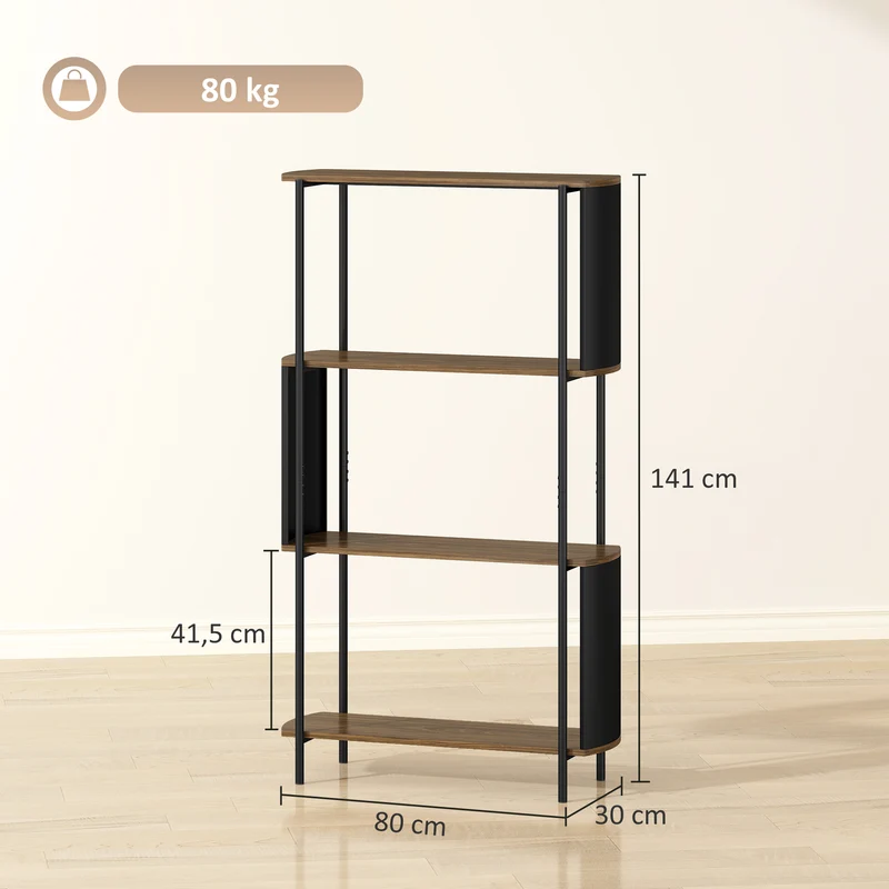 Estante de Arrumação Estante/Biblioteca de 4 Níveis com Painéis Laterais Curvados Estrutura em Aço 80x30x141 cm Castanho