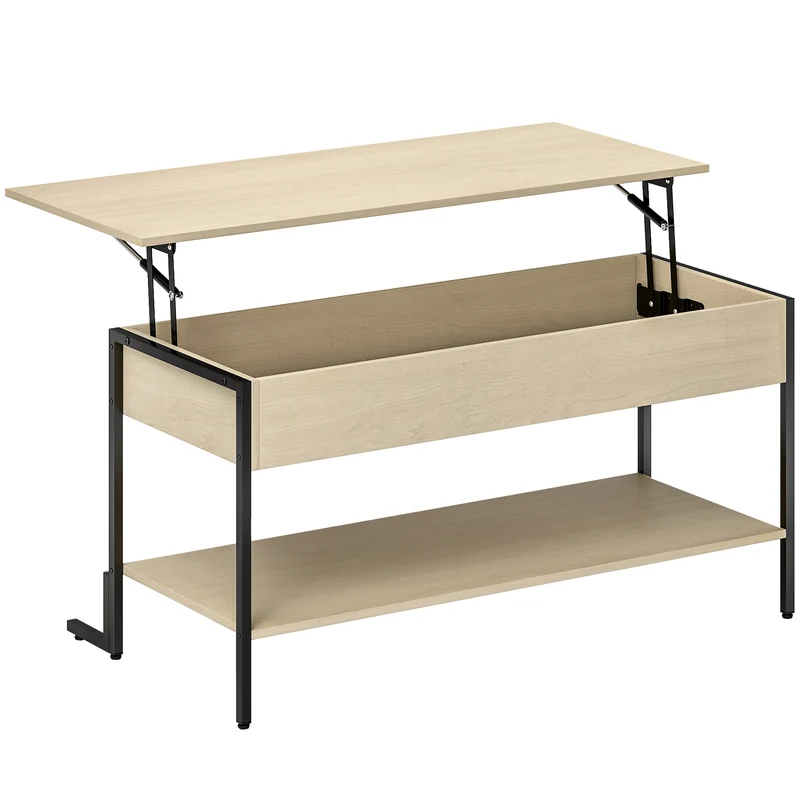 Mesa de centro com tampo elevatório, mesa de sala com compartimento oculto e prateleira aberta, 95x40x59cm, madeira natural