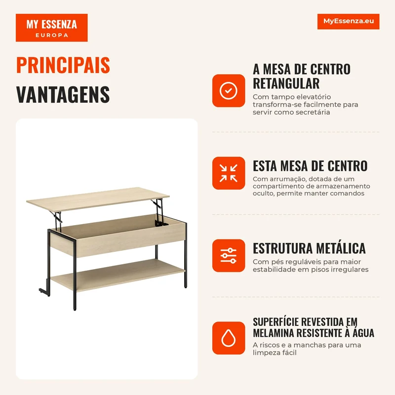 Mesa de centro com tampo elevatório, mesa de sala com compartimento oculto e prateleira aberta, 95x40x59cm, madeira natural