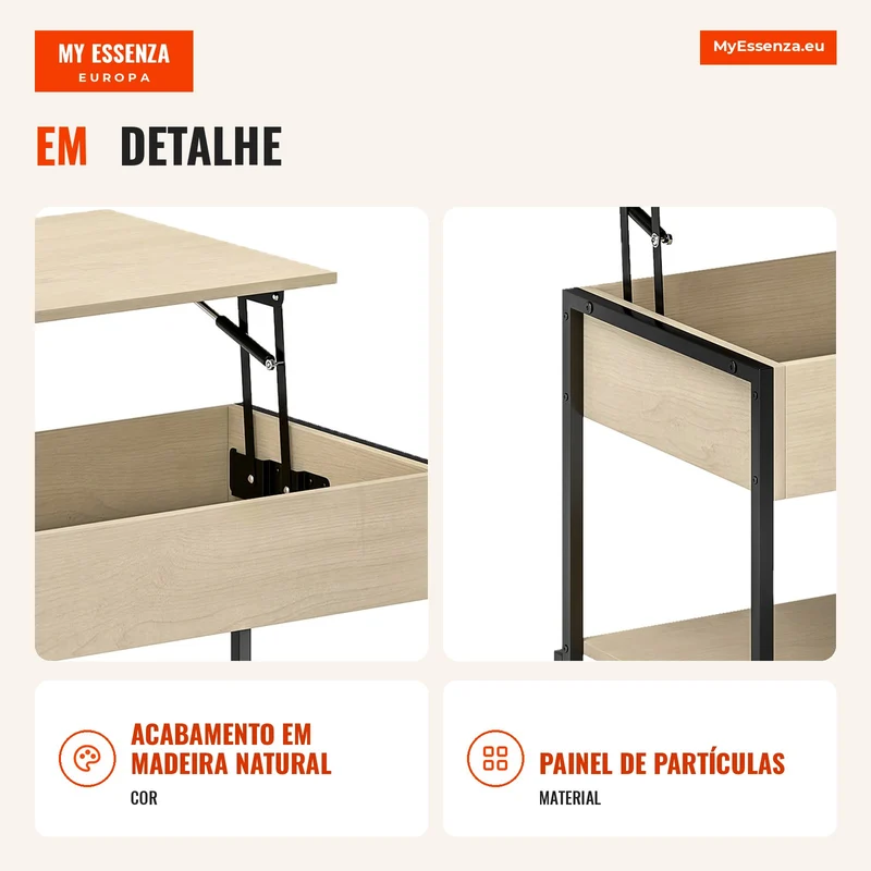 Mesa de centro com tampo elevatório, mesa de sala com compartimento oculto e prateleira aberta, 95x40x59cm, madeira natural