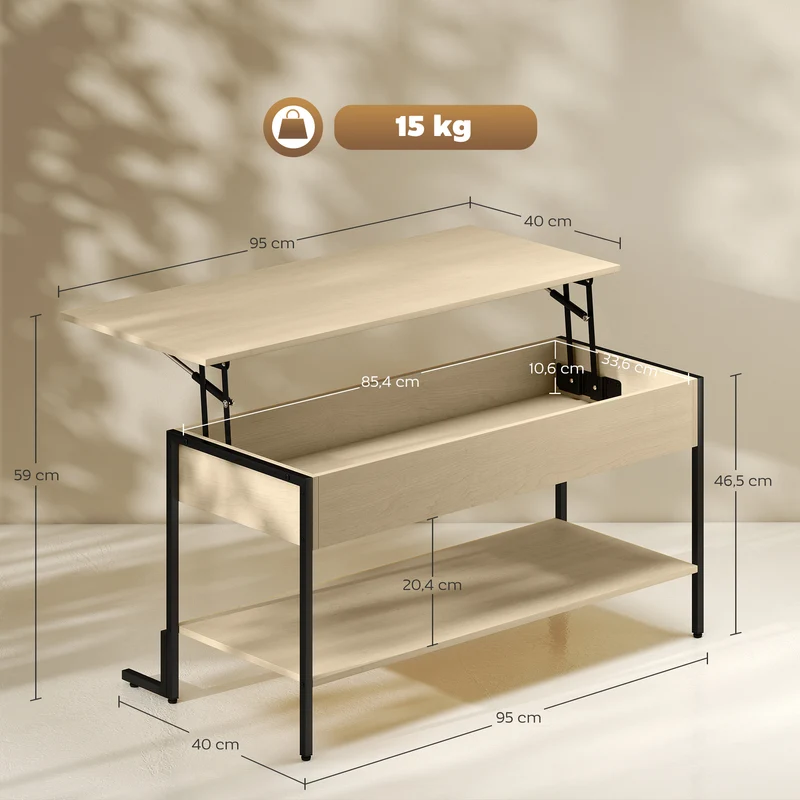 Mesa de centro com tampo elevatório, mesa de sala com compartimento oculto e prateleira aberta, 95x40x59cm, madeira natural
