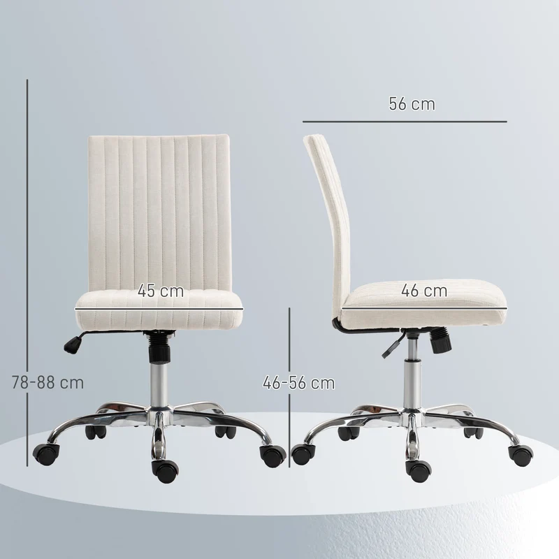 Cadeira de Escritório Sem Braços Ajustável 46-56 cm Giratória 360° Creme