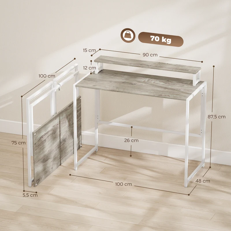 Secretária de computador dobrável com suporte para ecrã, para quarto, pequenos espaços, 100 x 48 x 87,5 cm, madeira natural