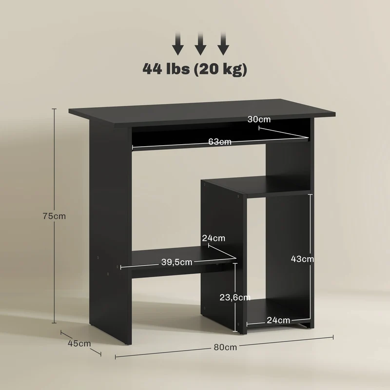 Mesa de computador, Secretária, Painel de partículas, Metal, 80 x 45 x 75 cm, Preto