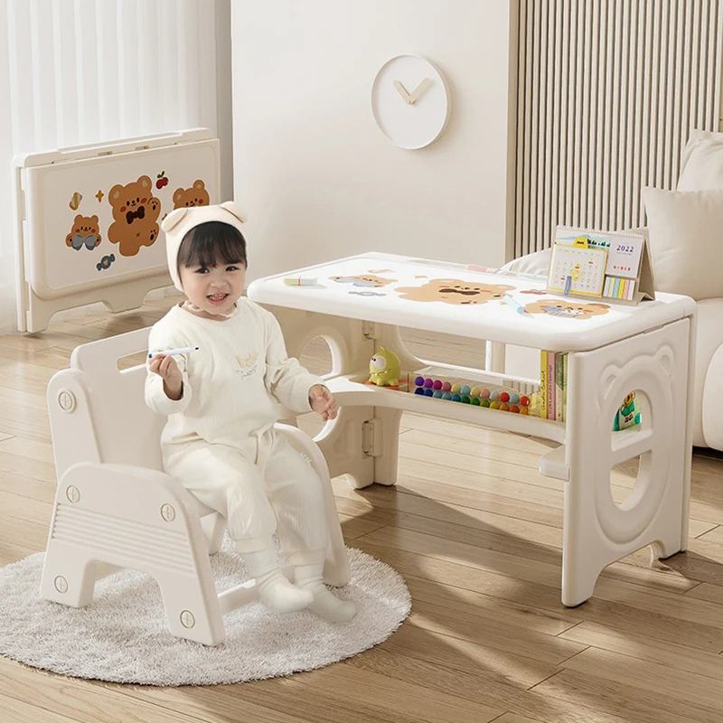 Modern Minimalist PE Foldable Square Kids Study Desk Chair Set 2-Tier Folding Toddler Desk For Living Room
