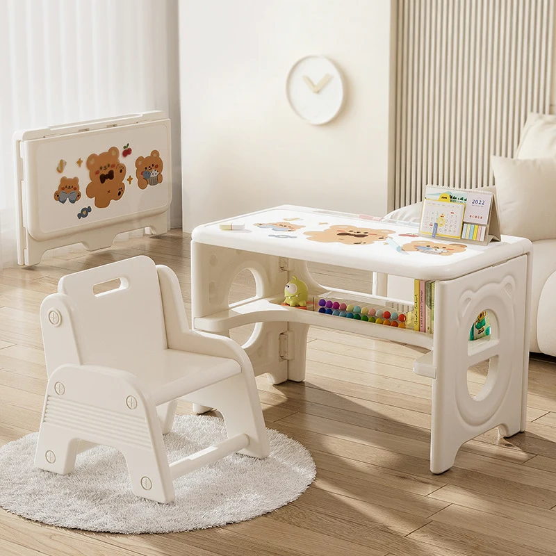 Modern Minimalist PE Foldable Square Kids Study Desk Chair Set 2-Tier Folding Toddler Desk For Living Room