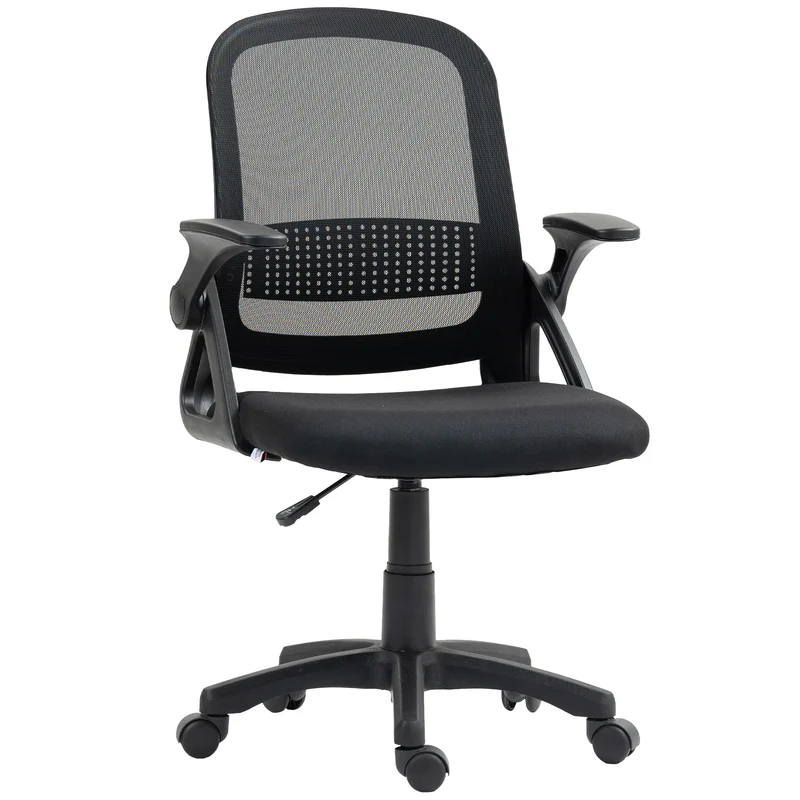 Cadeira em Malha Respirável Cadeira Giratória Ergonômica com Apoios de Braços Rebatíveis e Suporte Lombar Preto