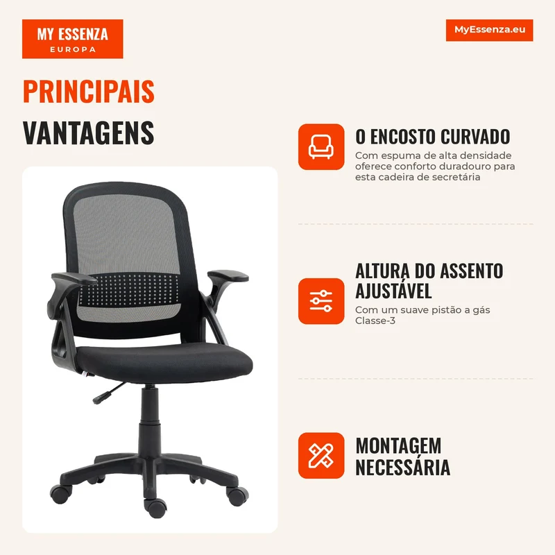 Cadeira em Malha Respirável Cadeira Giratória Ergonômica com Apoios de Braços Rebatíveis e Suporte Lombar Preto