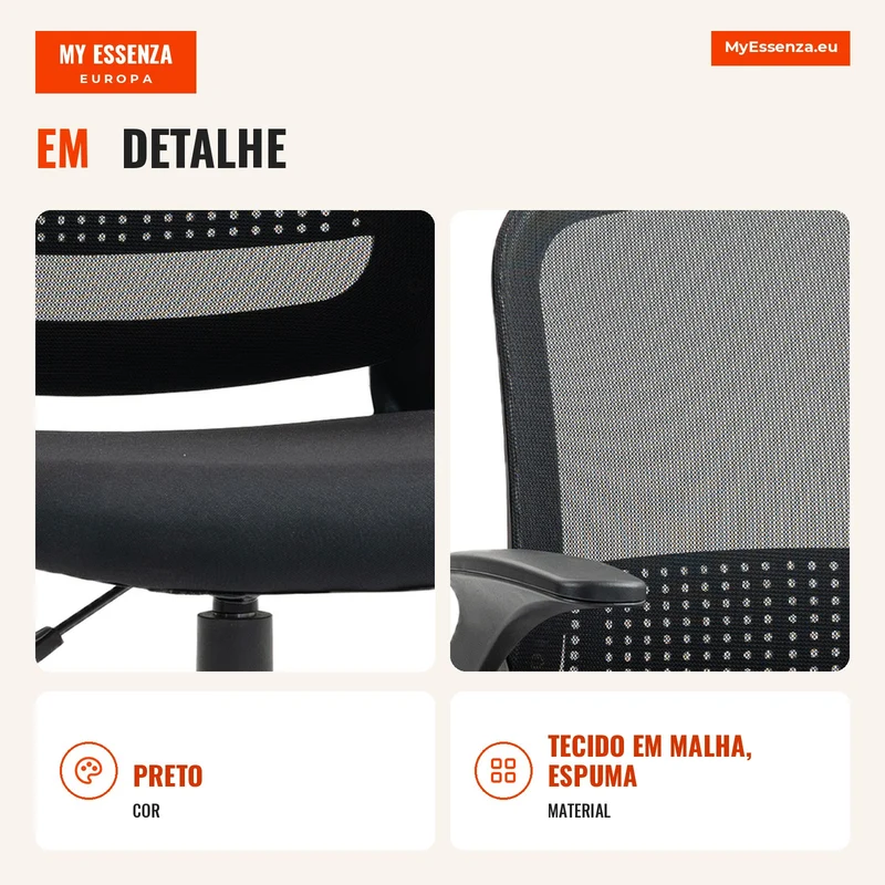 Cadeira em Malha Respirável Cadeira Giratória Ergonômica com Apoios de Braços Rebatíveis e Suporte Lombar Preto