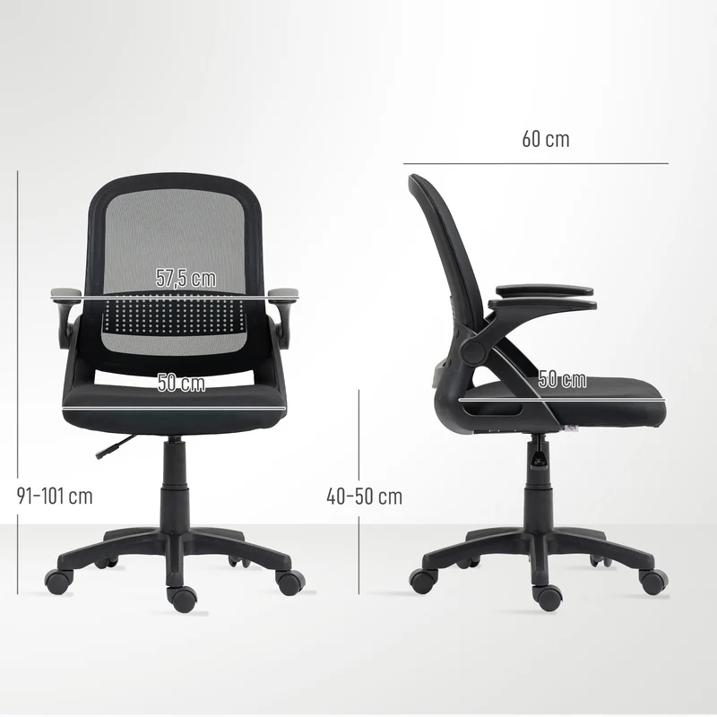 Cadeira em Malha Respirável Cadeira Giratória Ergonômica com Apoios de Braços Rebatíveis e Suporte Lombar Preto