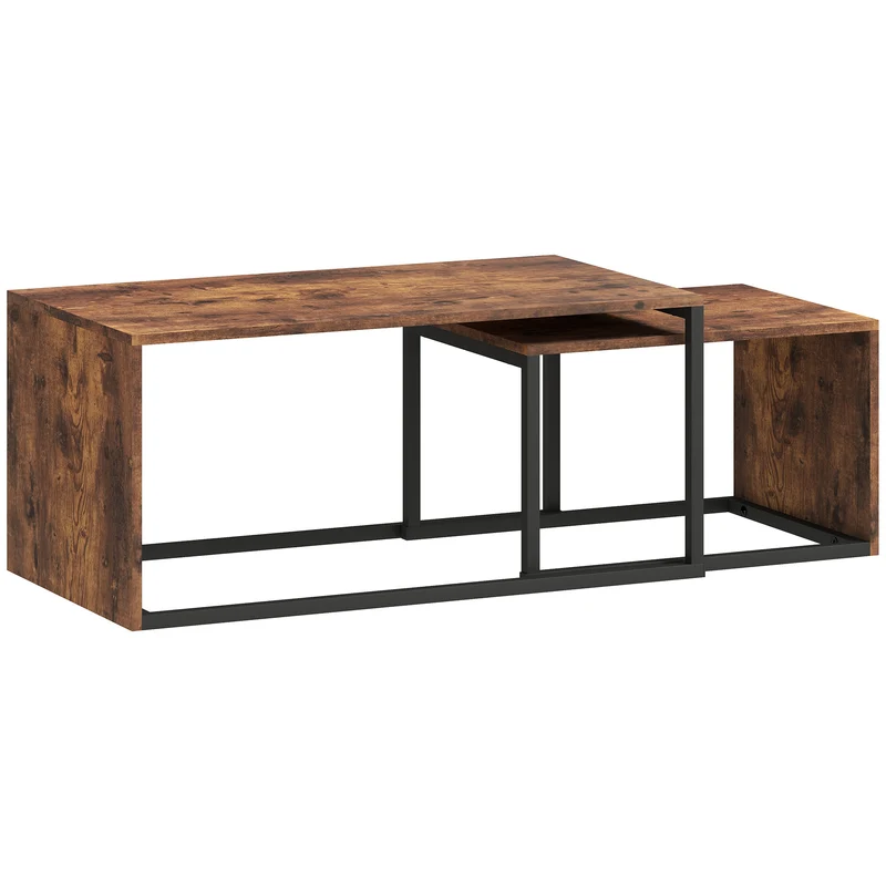 Conjunto de 2 Mesas de Centro, Mesa de Sofá, Mesa de Apoio, Aglomerado, Metal, 90 x 48 x 42 cm/59 x 42 x 36 cm, Preto+Castanho