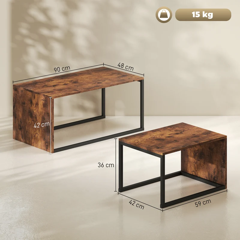 Conjunto de 2 Mesas de Centro, Mesa de Sofá, Mesa de Apoio, Aglomerado, Metal, 90 x 48 x 42 cm/59 x 42 x 36 cm, Preto+Castanho
