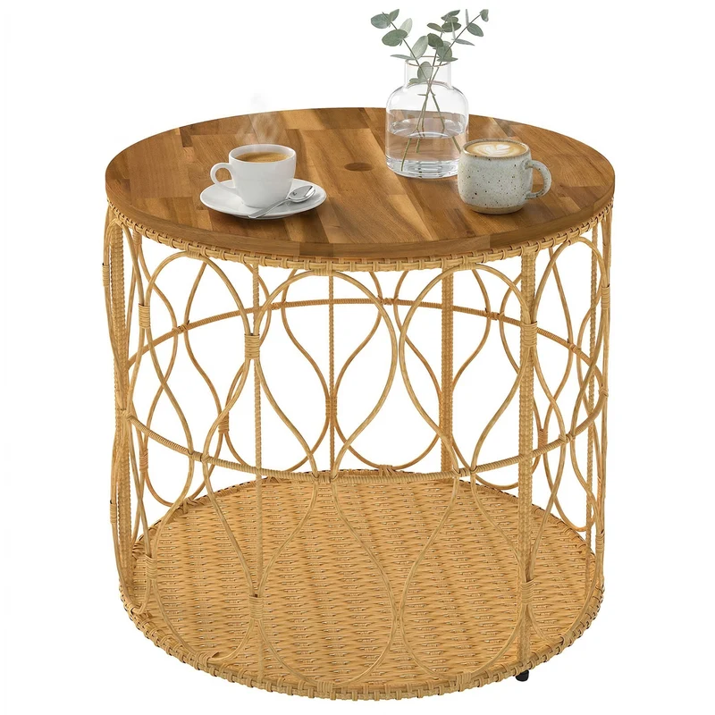 Mesa Auxiliar Ø50 cm Resistente às Intempéries Mesa de Jardim com Aparência de Rattan Tampo em Madeira de Acácia Pés Ajustáveis Teca