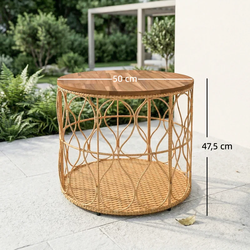 Mesa Auxiliar Ø50 cm Resistente às Intempéries Mesa de Jardim com Aparência de Rattan Tampo em Madeira de Acácia Pés Ajustáveis Teca