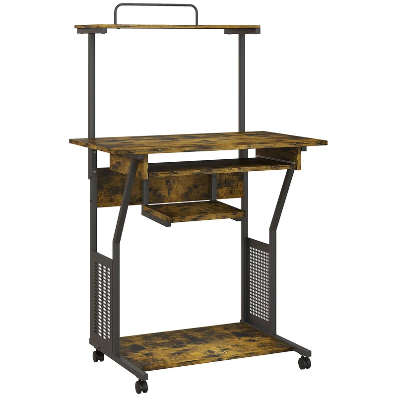 Mesa de Computador com Rodízios e Prateleiras de Arrumação Estação de Trabalho com Bandeja para Teclado 80x50x130 cm Castanho