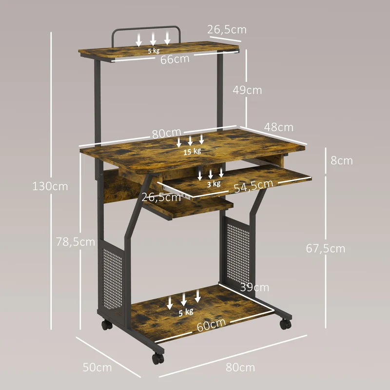 Mesa de Computador com Rodízios e Prateleiras de Arrumação Estação de Trabalho com Bandeja para Teclado 80x50x130 cm Castanho