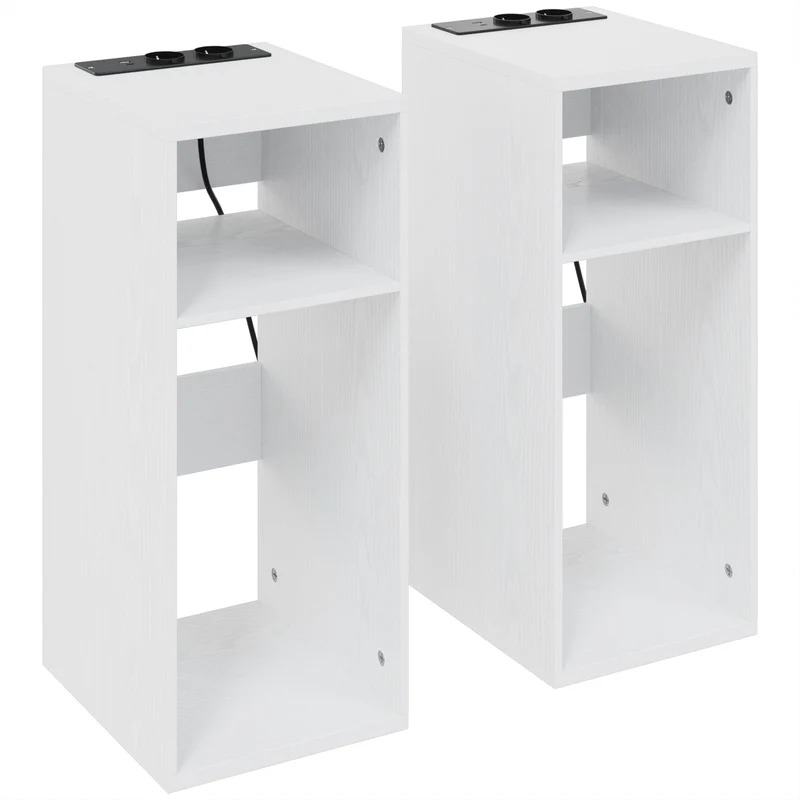 Conjunto de 2 Mesas de Apoio com Estação de Carregamento, 2 Tomadas, 2 Portas USB e 2 Espaços Abertos, Branco